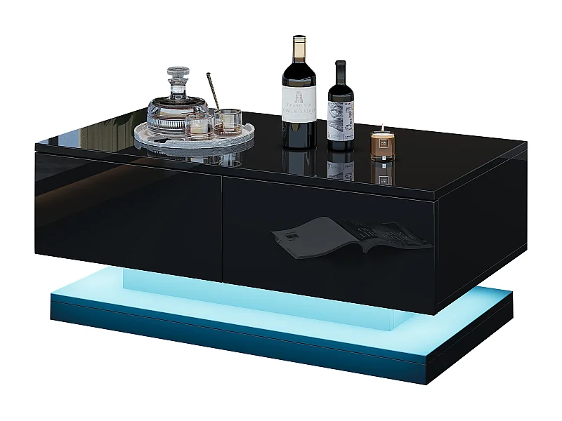 Table basse 90x50x38 cm, 2 tiroirs, éclairage LED contrôlé par application mobile, panneau de particules, noir