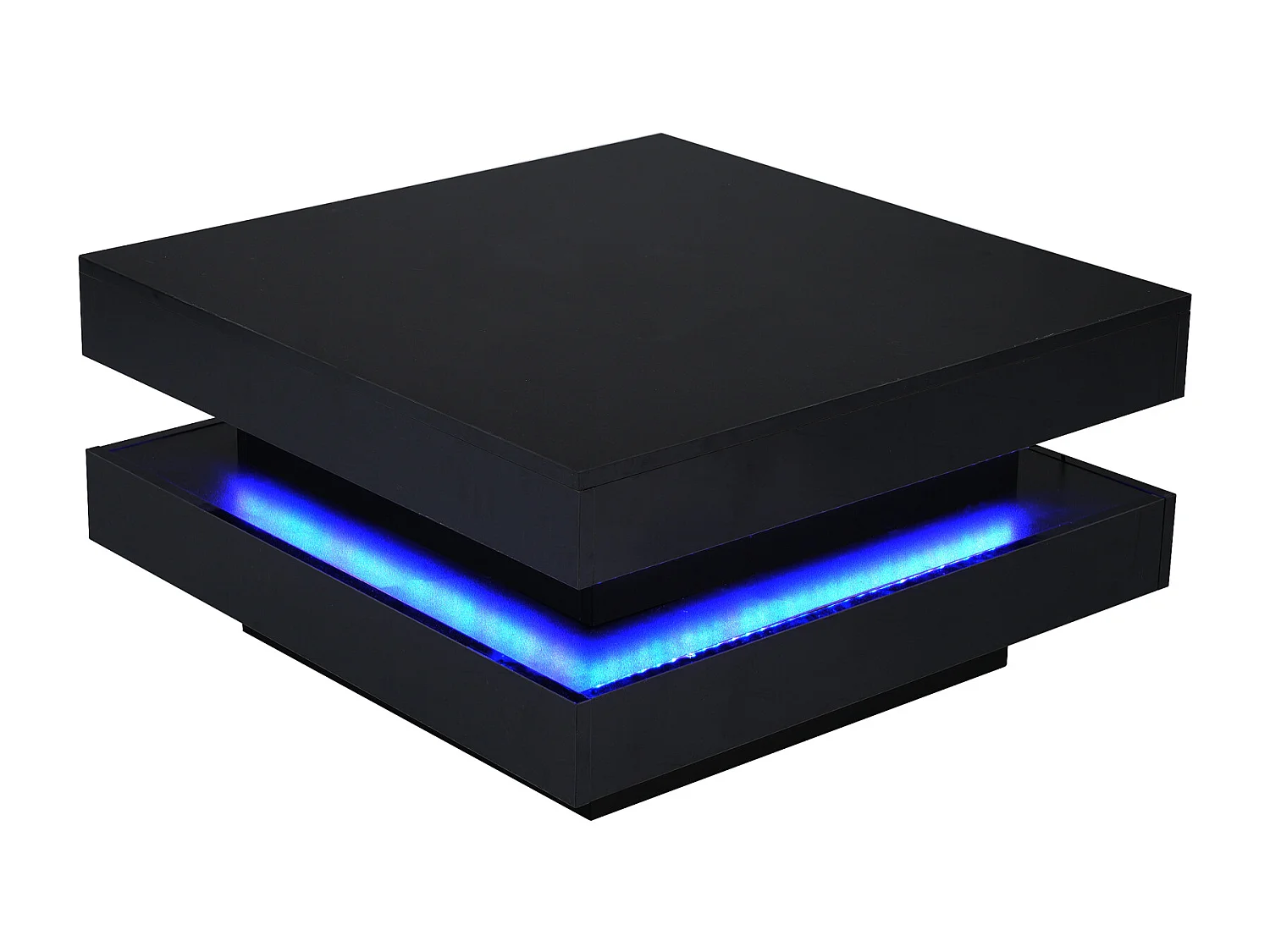 Table basse carrée 70x70x36 cm, éclairage LED piloté par application Bluetooth, alimentation USB, panneaux de particules, noir