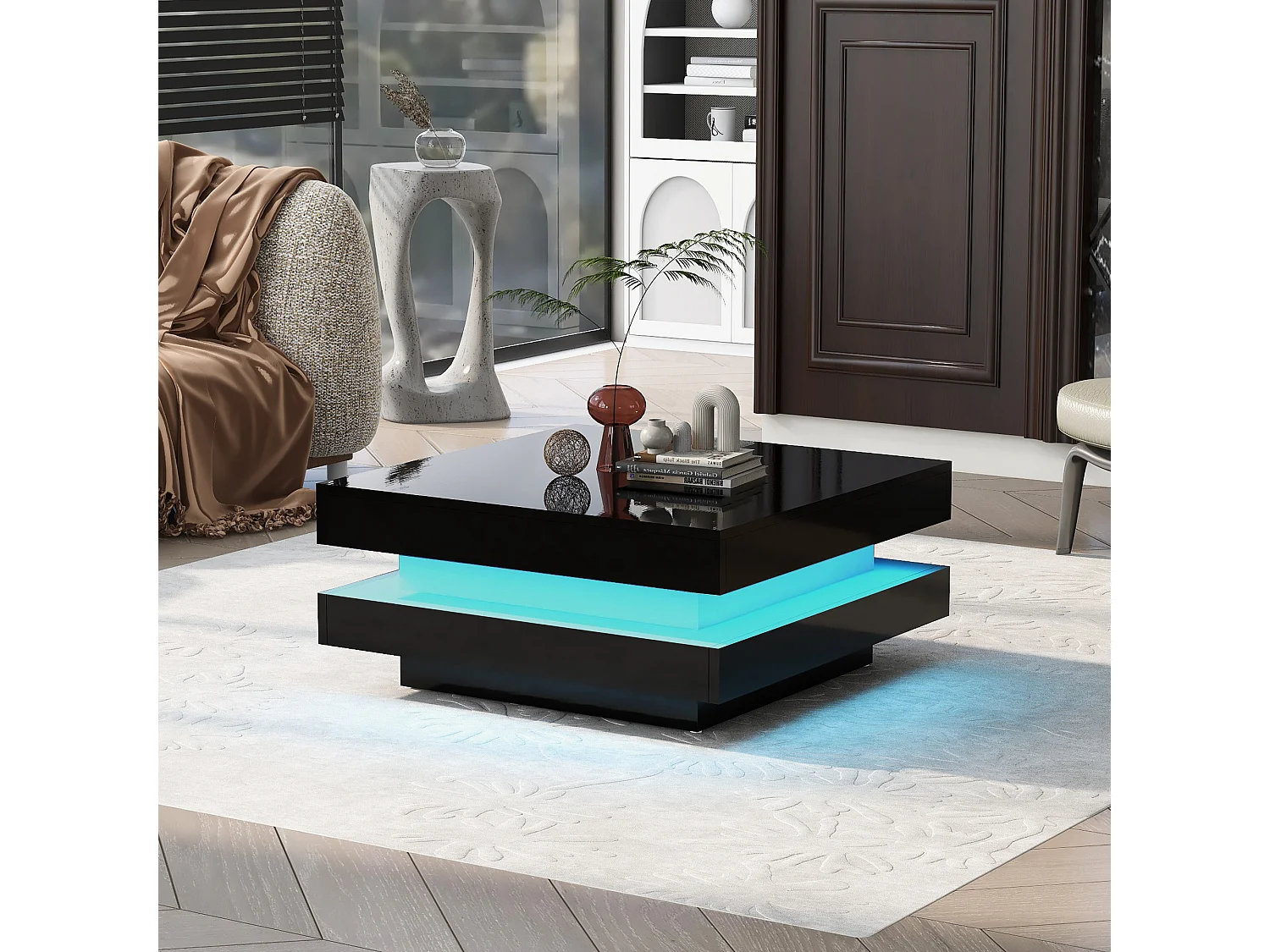Table basse carrée 70x70x36 cm, éclairage LED piloté par application Bluetooth, alimentation USB, panneaux de particules, noir