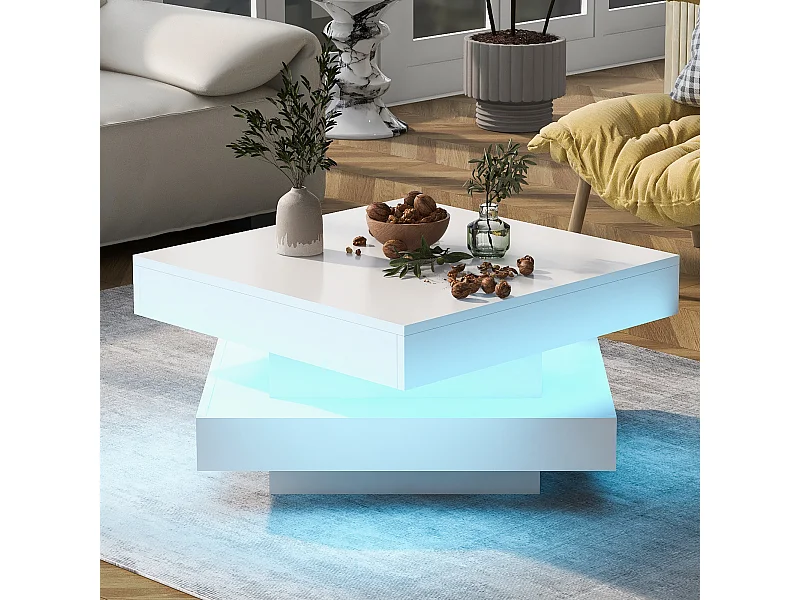 Table basse pivotante 70x70x36 cm laqué brillant plateau rotatif LED 16 couleurs blanc pour salon