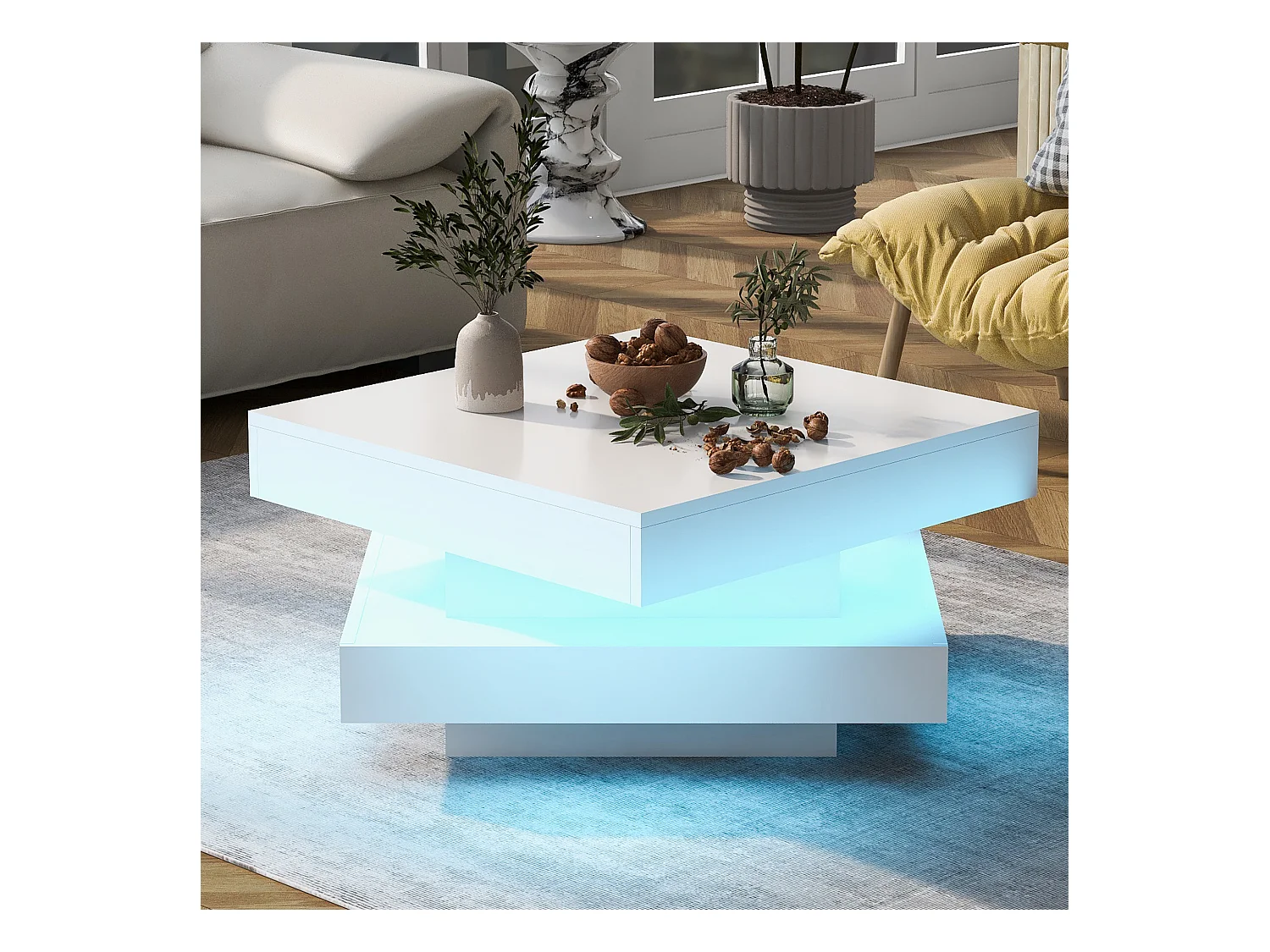 Draaibare salontafel 70x70x36 cm glanzend gelakt draaibaar blad LED 16 kleuren wit voor woonkamer