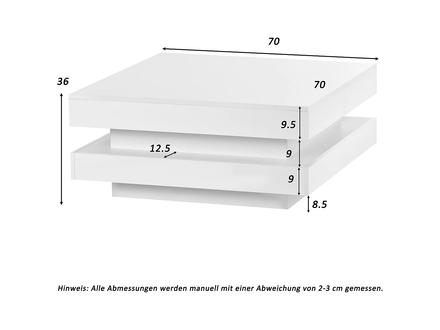 Draaibare salontafel 70x70x36 cm glanzend gelakt draaibaar blad LED 16 kleuren wit voor woonkamer