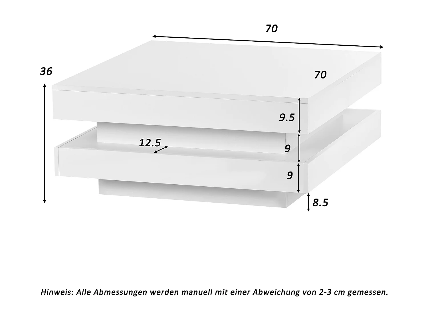 Table basse pivotante 70x70x36 cm laqué brillant plateau rotatif LED 16 couleurs blanc pour salon
