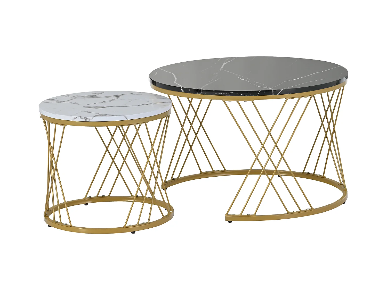 Lot de 2 tables basses emboîtables brillant finition marbre design rond structure dorée pour salon