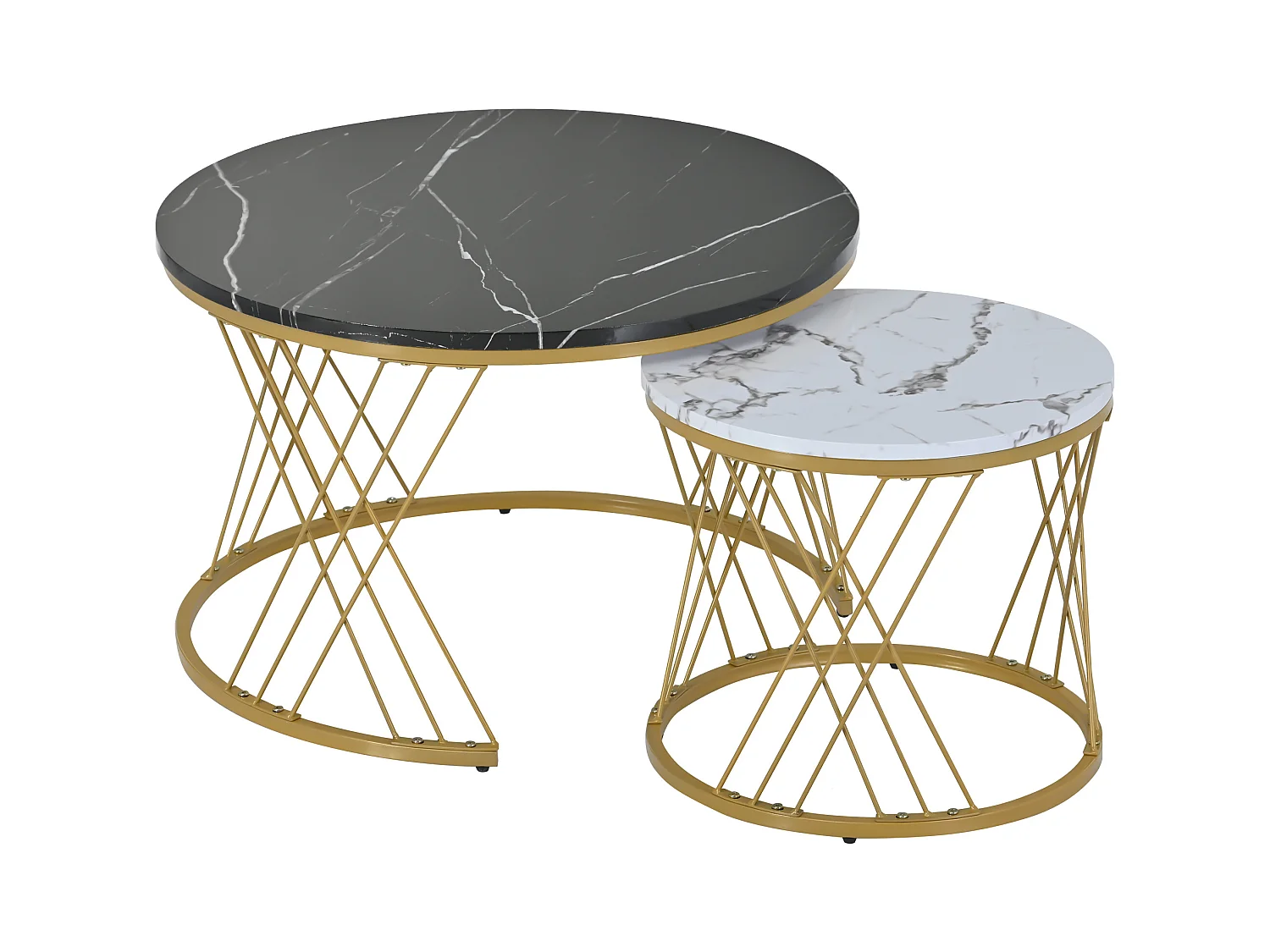 Lot de 2 tables basses emboîtables brillant finition marbre design rond structure dorée pour salon
