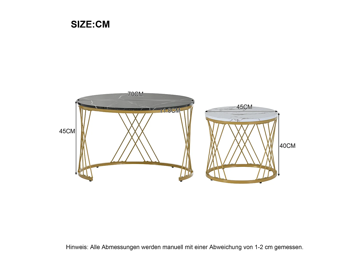 Lot de 2 tables basses emboîtables brillant finition marbre design rond structure dorée pour salon