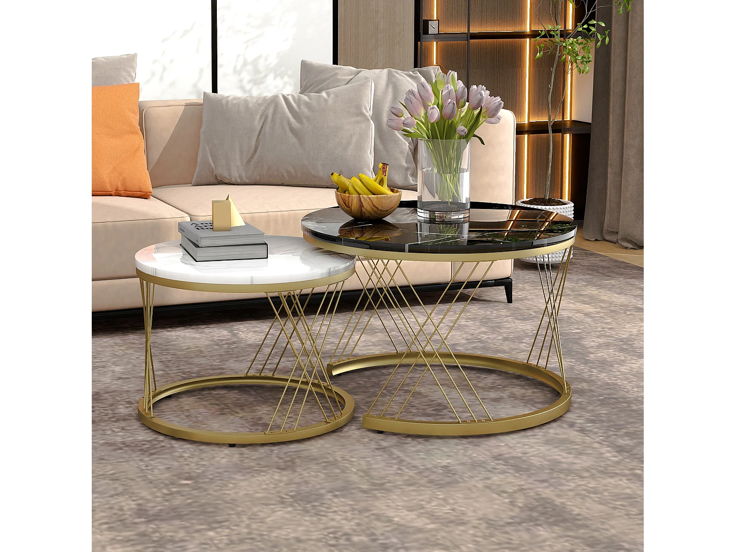 Lot de 2 tables basses emboîtables brillant finition marbre design rond structure dorée pour salon