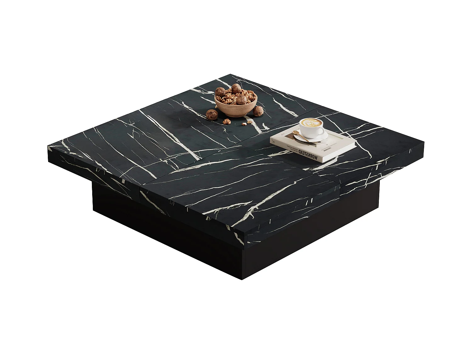 Table basse 90x90x25cm marbre 4 tiroirs plateau coulissant noir pour salon