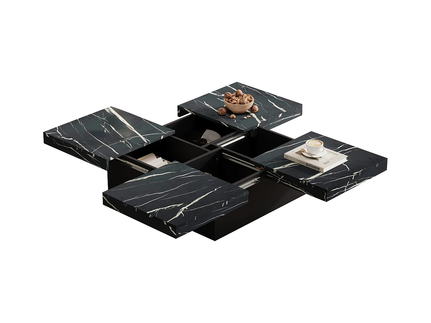 Table basse 90x90x25cm marbre 4 tiroirs plateau coulissant noir pour salon