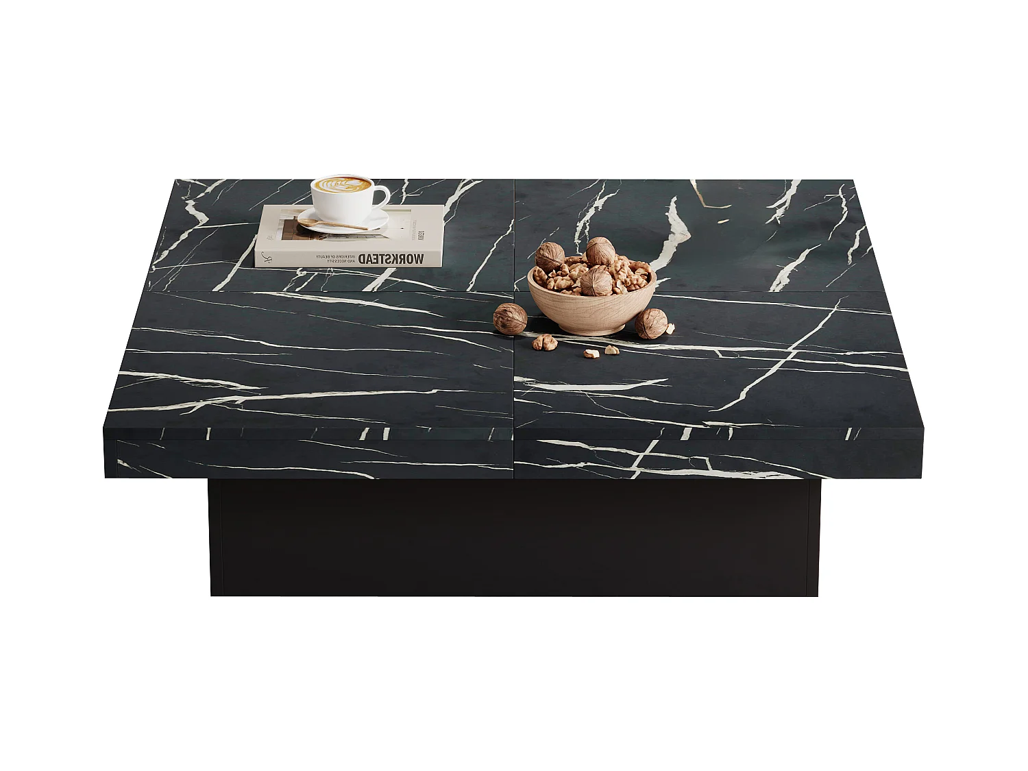 Table basse 90x90x25cm marbre 4 tiroirs plateau coulissant noir pour salon