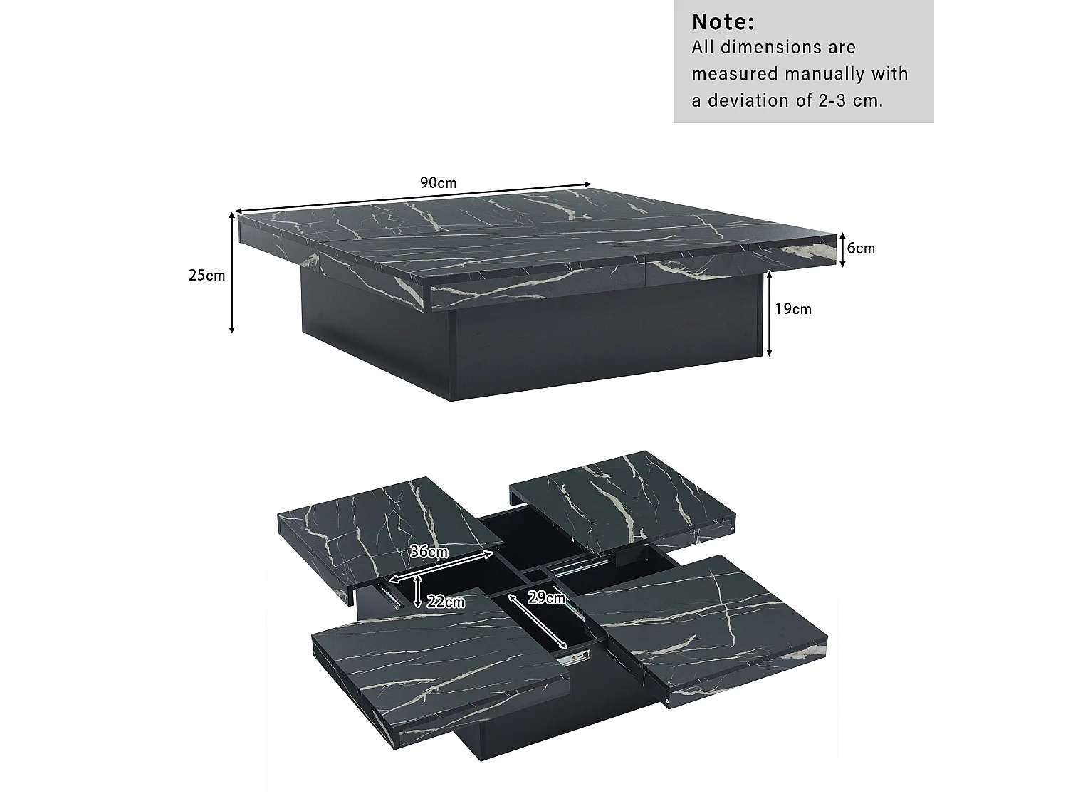 Table basse 90x90x25cm marbre 4 tiroirs plateau coulissant noir pour salon
