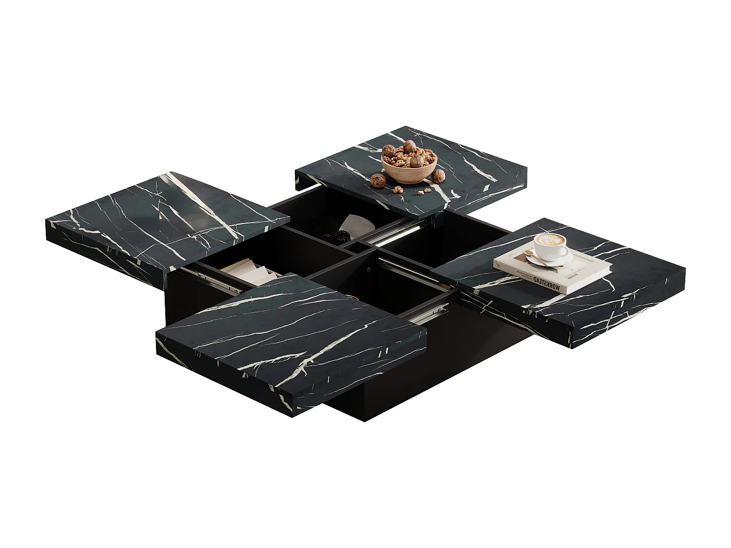 Table basse 90x90x25cm marbre 4 tiroirs plateau coulissant noir pour salon