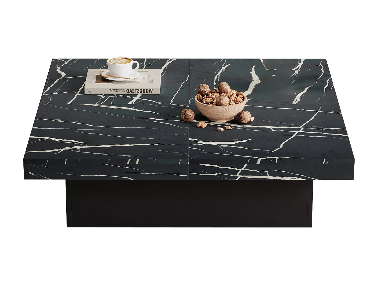Table basse 90x90x25cm marbre 4 tiroirs plateau coulissant noir pour salon