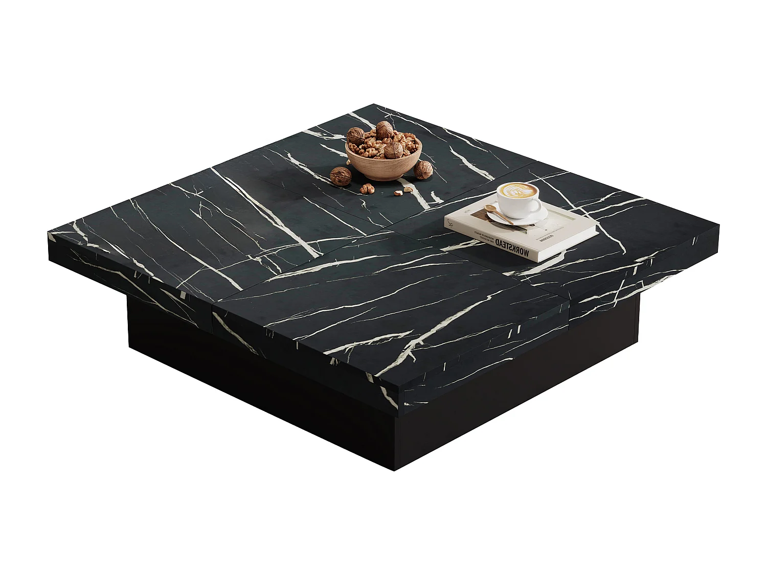 Table basse carrée 90x90x25 cm, plateau coulissant, 4 tiroirs, capacité 30 kg, panneau de particules, noir