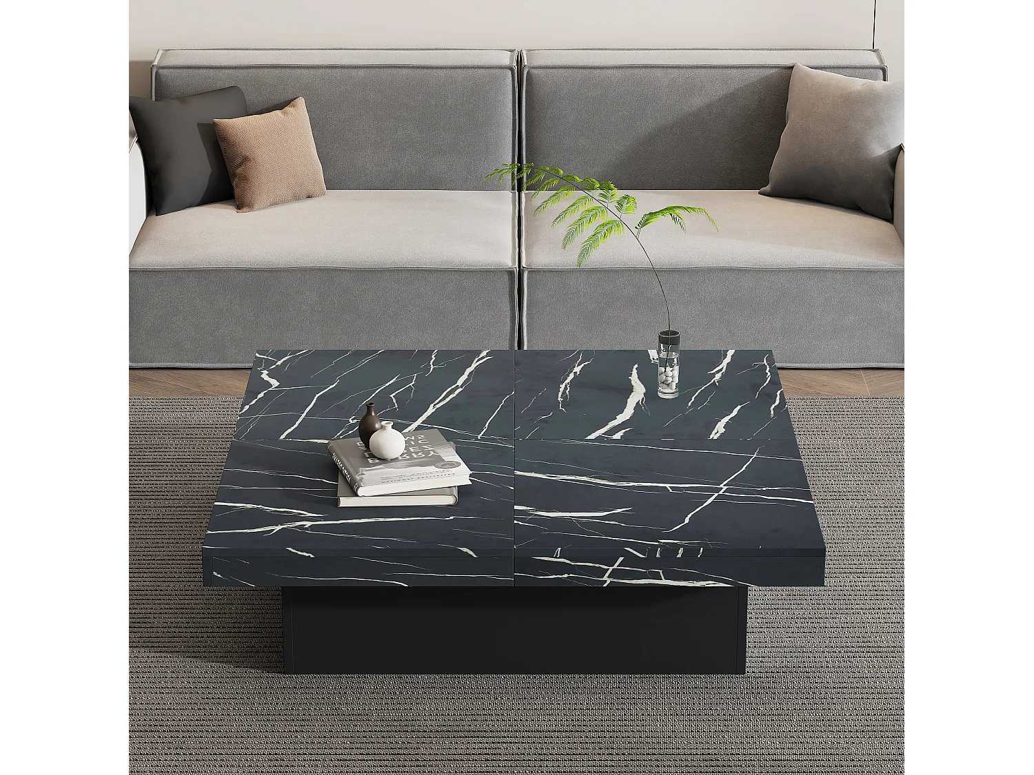 Table basse carrée 90x90x25 cm, plateau coulissant, 4 tiroirs, capacité 30 kg, panneau de particules, noir