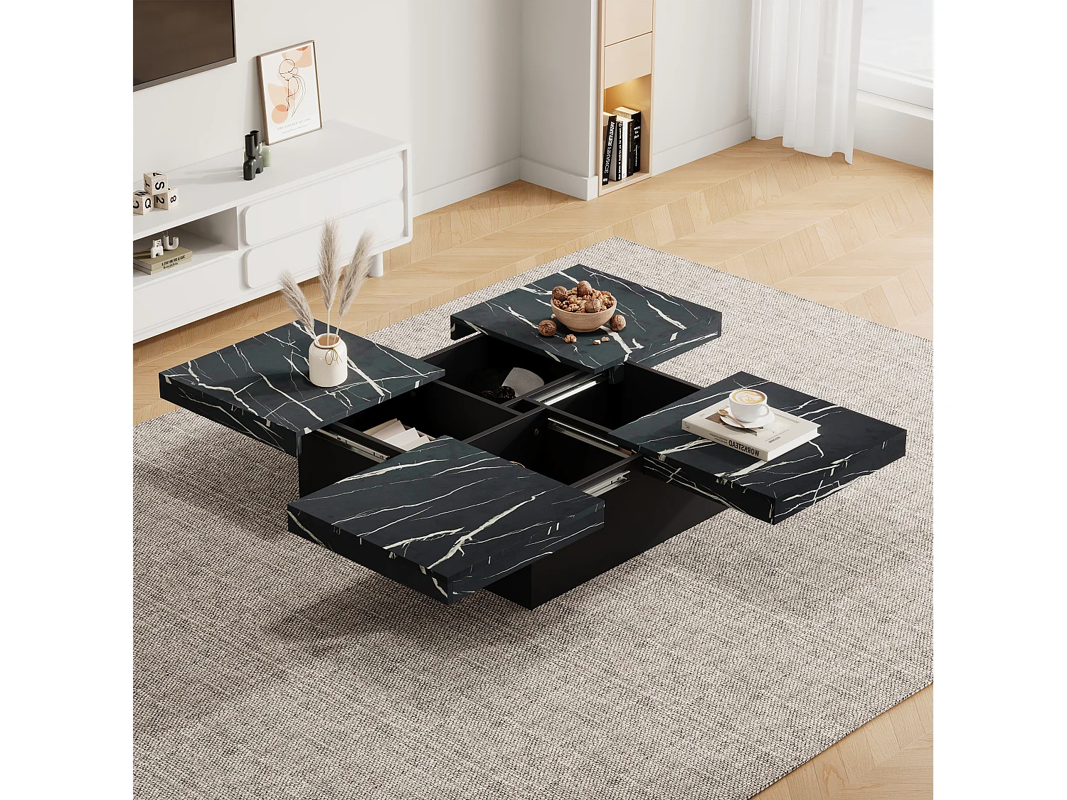 Table basse carrée 90x90x25 cm, plateau coulissant, 4 tiroirs, capacité 30 kg, panneau de particules, noir