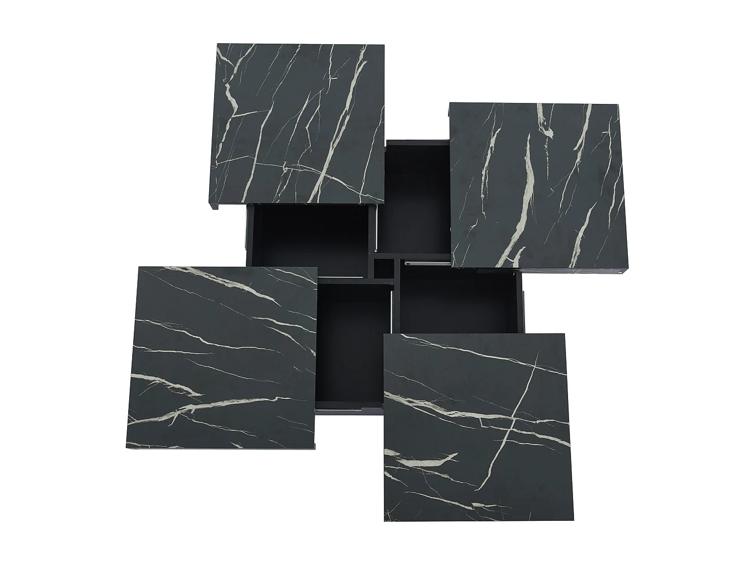 Table basse carrée 90x90x25 cm, plateau coulissant, 4 tiroirs, capacité 30 kg, panneau de particules, noir