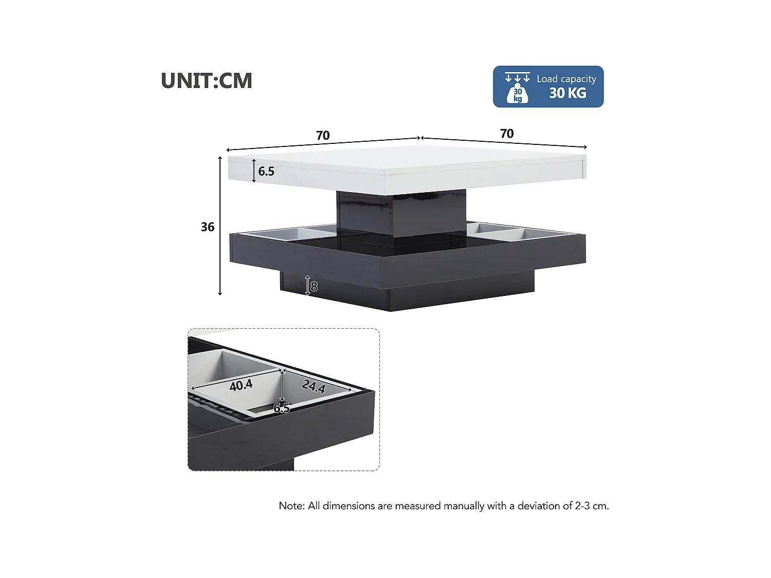 Table basse pivotante 70x70x36 cm 2 plateaux rotatifs rangement intégré brillant blanc noir salon moderne