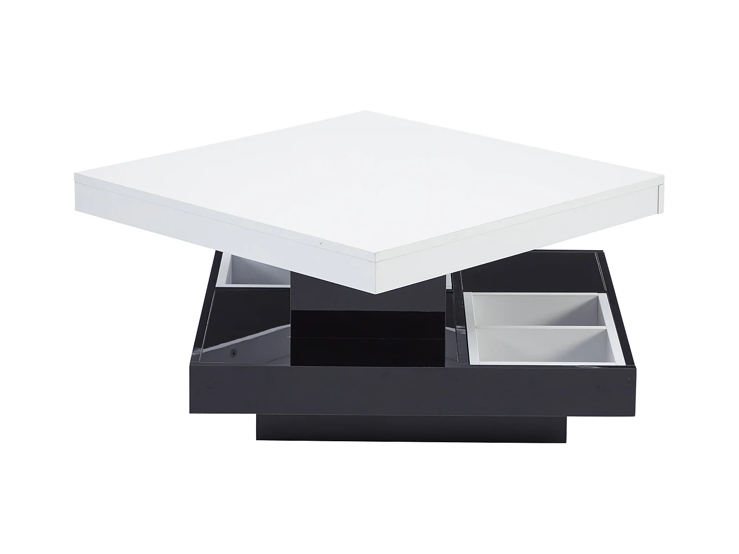Table basse pivotante 70x70x36 cm 2 plateaux rotatifs rangement intégré brillant blanc noir salon moderne