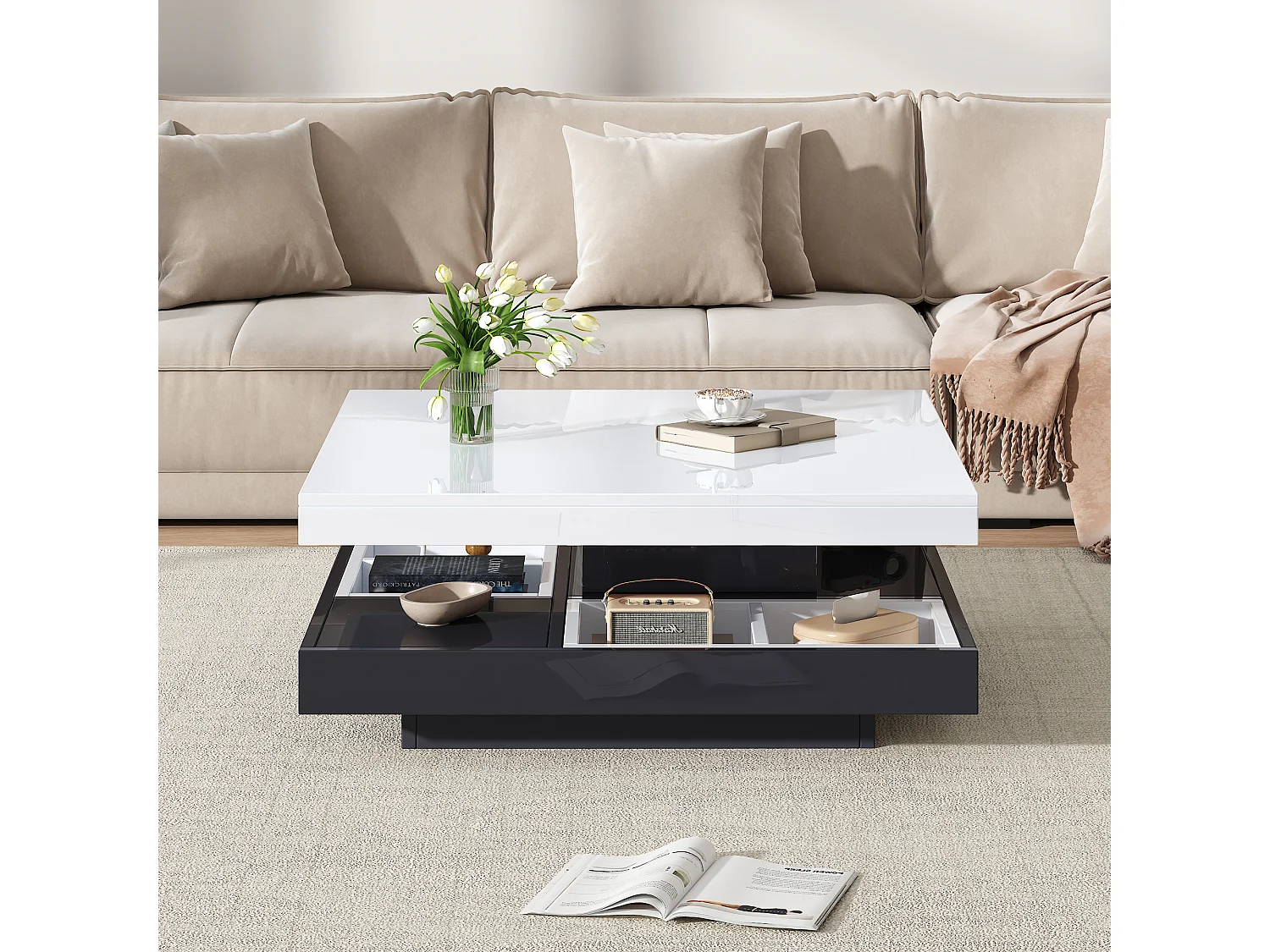 Table basse pivotante 70x70x36 cm 2 plateaux rotatifs rangement intégré brillant blanc noir salon moderne