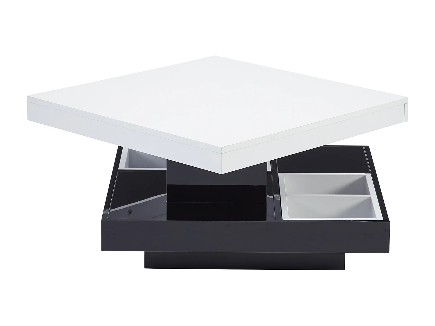 Table basse pivotante 70x70x36 cm 2 plateaux rotatifs rangement intégré brillant blanc noir salon moderne