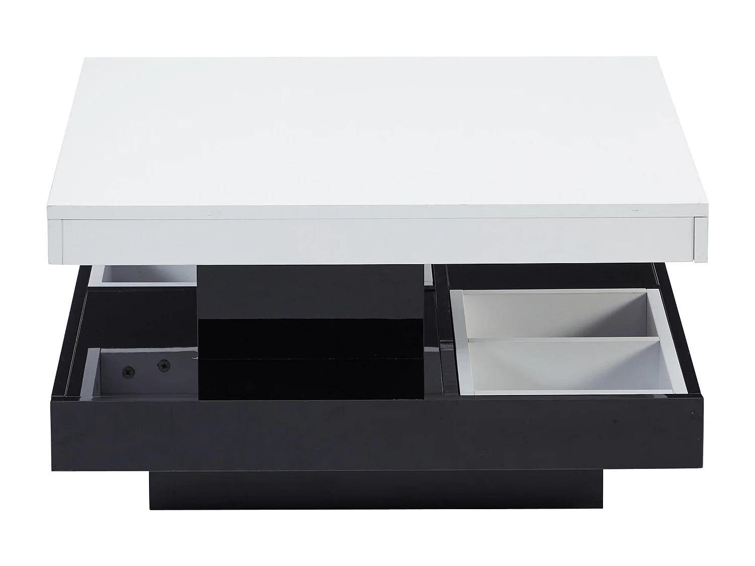 Table basse 70x70x36 cm, plateau rotatif 360°, double niveau avec rangement, panneau de particules, noir et blanc