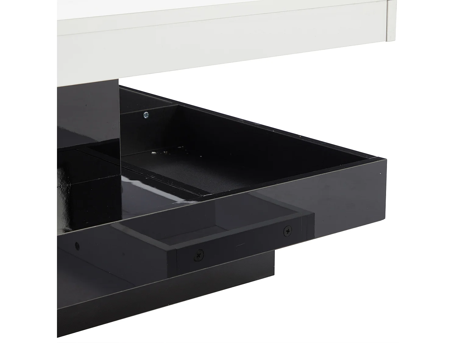 Table basse 70x70x36 cm, plateau rotatif 360°, double niveau avec rangement, panneau de particules, noir et blanc