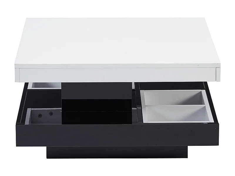 Table basse 70x70x36 cm, plateau rotatif 360°, double niveau avec rangement, panneau de particules, noir et blanc