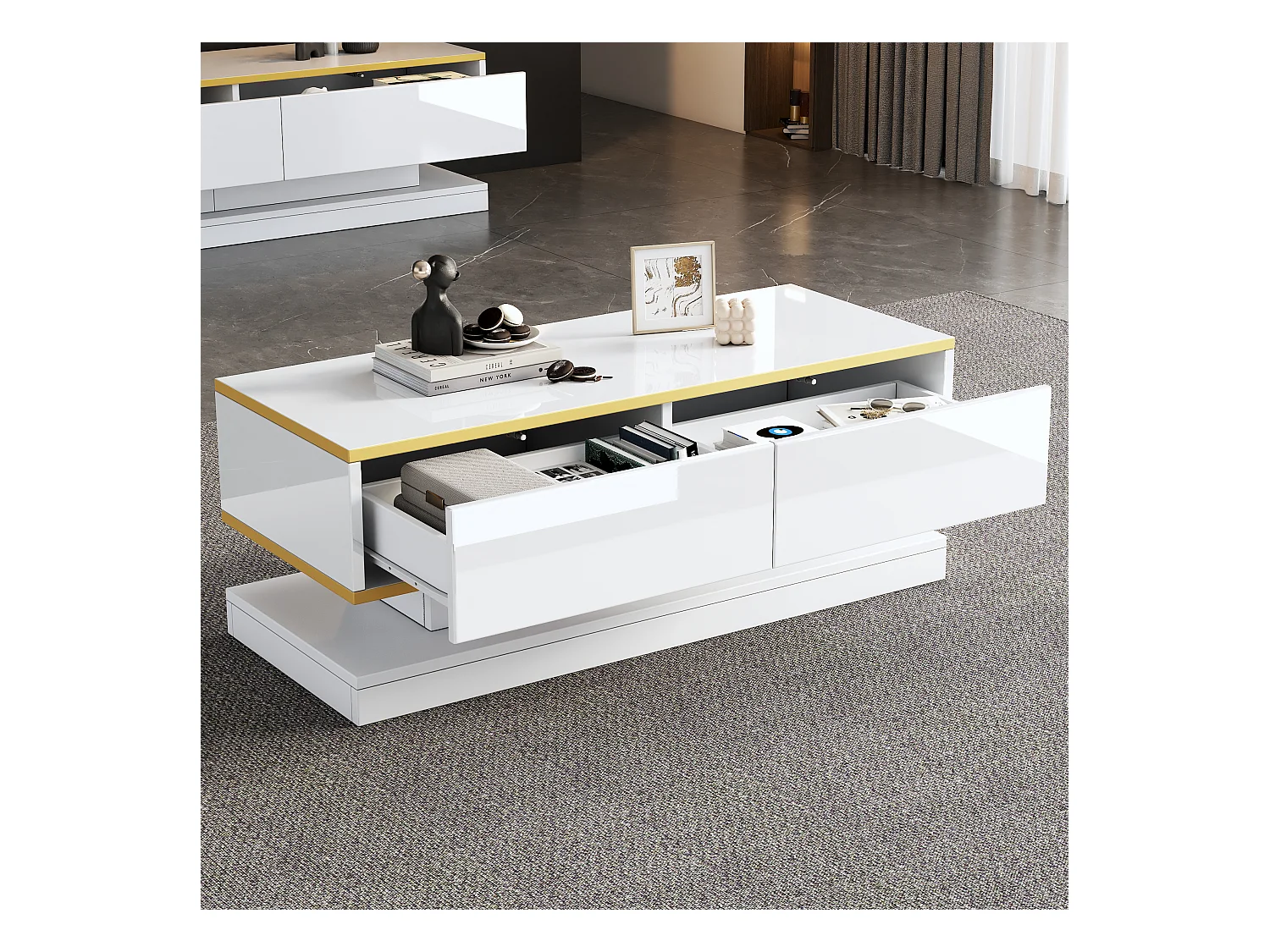 Salontafel 100x50x38 cm glanzende afwerking 2 laden warm wit gouden rand moderne woonkamer