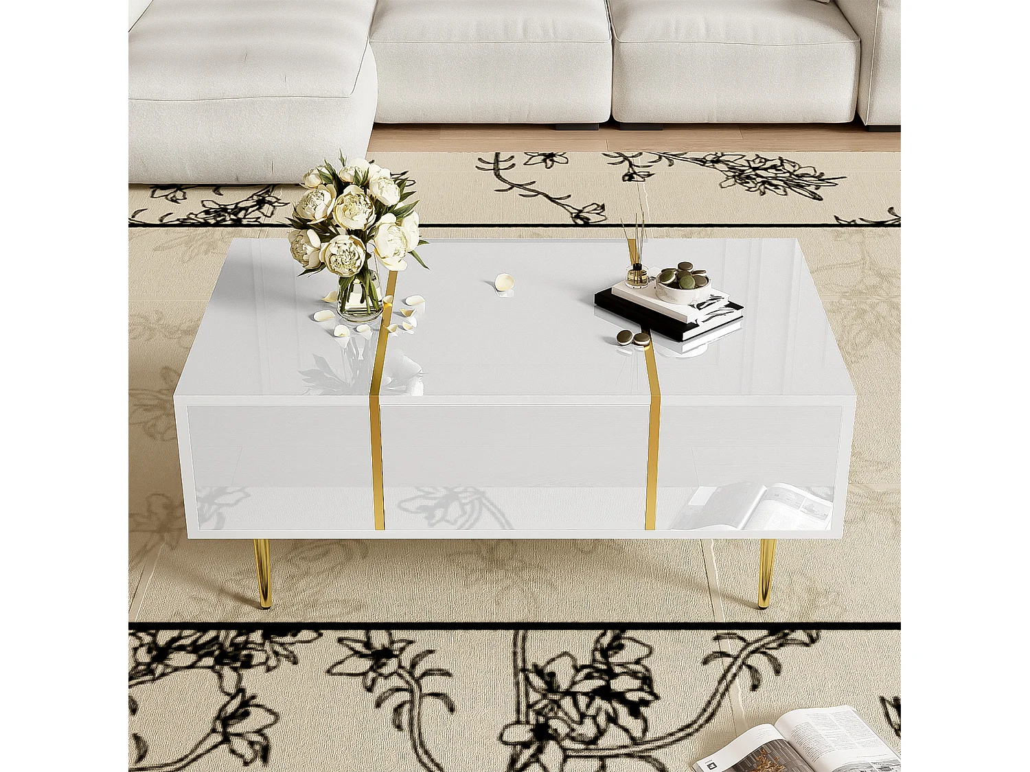 Table basse 100x60x41.5 cm, 2 tiroirs de rangement, surface haute brillance, éléments métalliques dorés, MDF, blanc