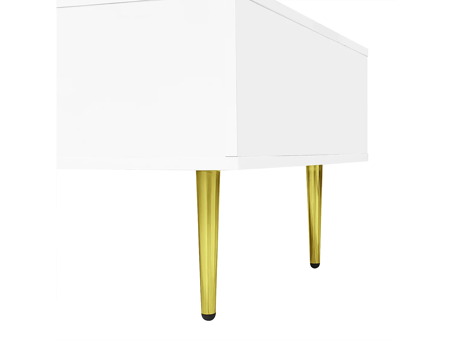 Table basse 100x60x41.5 cm, 2 tiroirs de rangement, surface haute brillance, éléments métalliques dorés, MDF, blanc