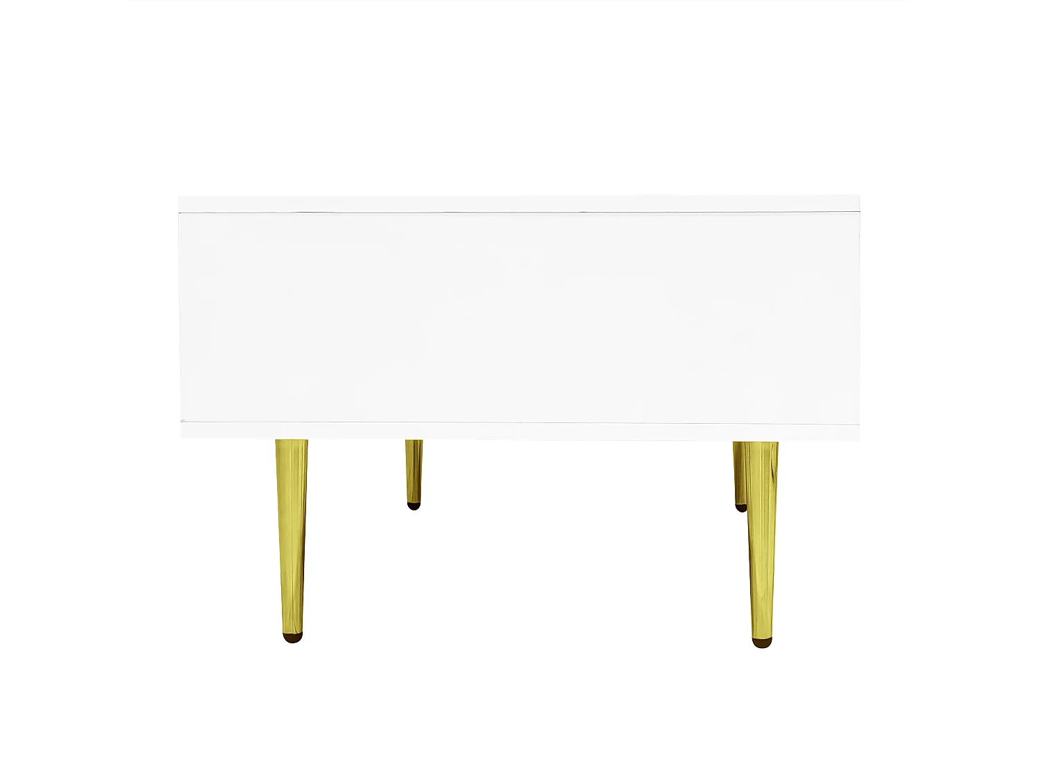 Table basse 100x60x41.5 cm, 2 tiroirs de rangement, surface haute brillance, éléments métalliques dorés, MDF, blanc