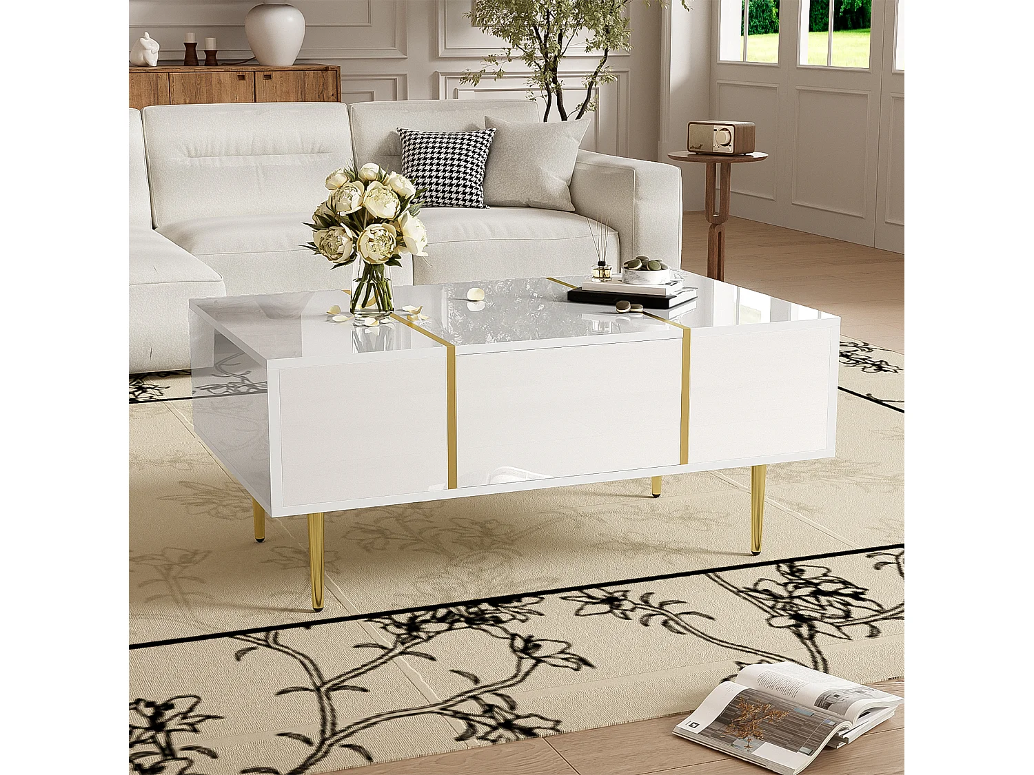 Table basse 100x60x41.5 cm, 2 tiroirs de rangement, surface haute brillance, éléments métalliques dorés, MDF, blanc