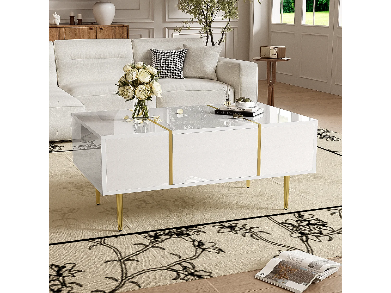 Table basse 100x60x41.5 cm avec deux tiroirs Matériau MDF en blanc pour salon