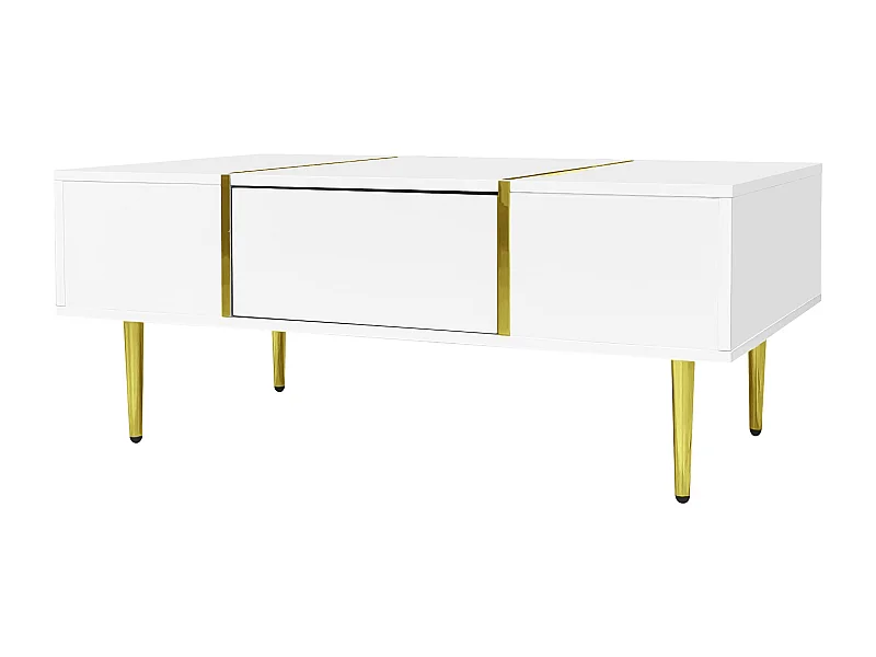 Table basse 100x60x41.5 cm, 2 tiroirs de rangement, surface haute brillance, éléments métalliques dorés, MDF, blanc