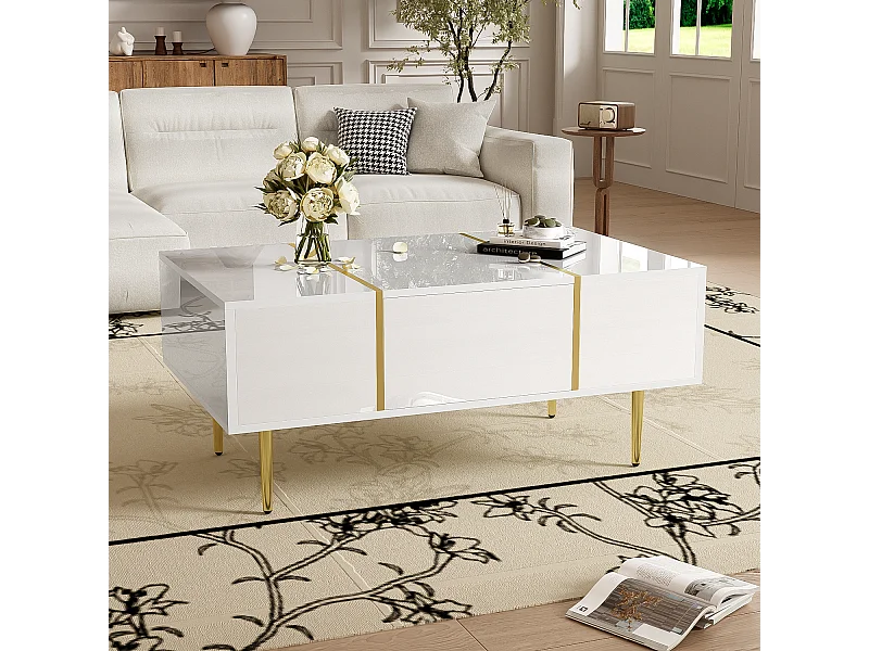 Table basse 100x60x41.5 cm avec deux tiroirs Matériau MDF en blanc pour salon