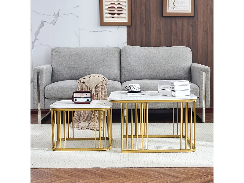 Lot de 2 tables basses carrées 70x70x45cm 50x50x36.5cm empilables marbre poli dorées Blanc pour salon