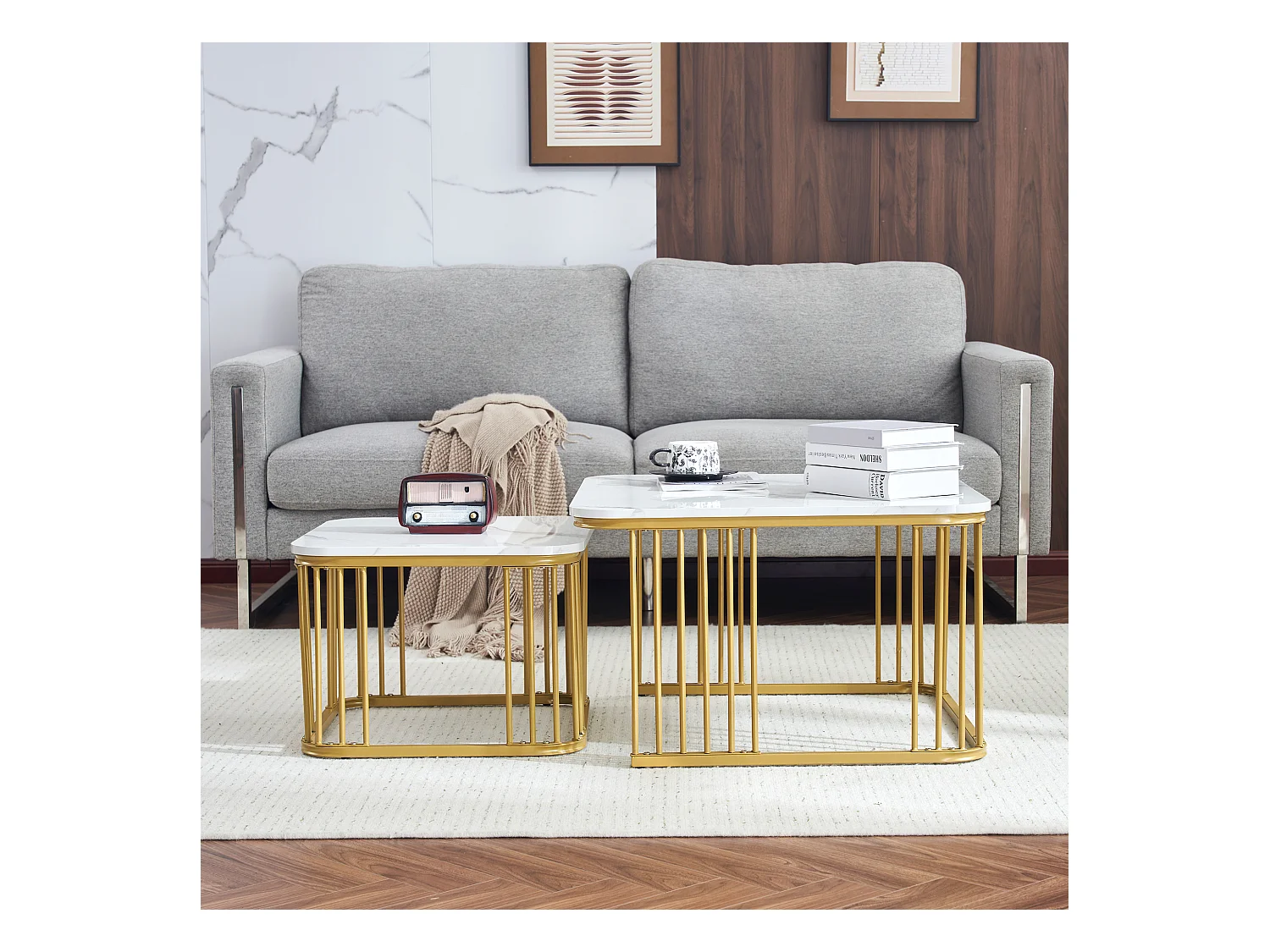 Lot de 2 tables basses carrées 70x70x45cm 50x50x36.5cm empilables marbre poli dorées Blanc pour salon