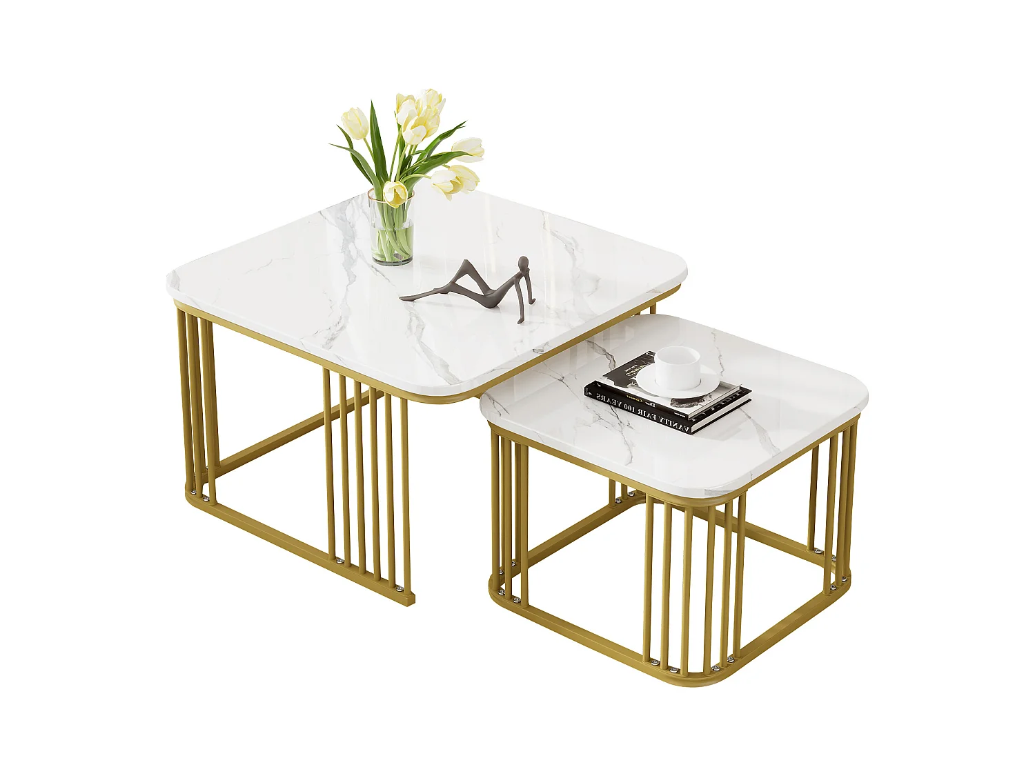 Lot de 2 tables basses carrées 70x70x45cm 50x50x36.5cm empilables marbre poli dorées Blanc pour salon