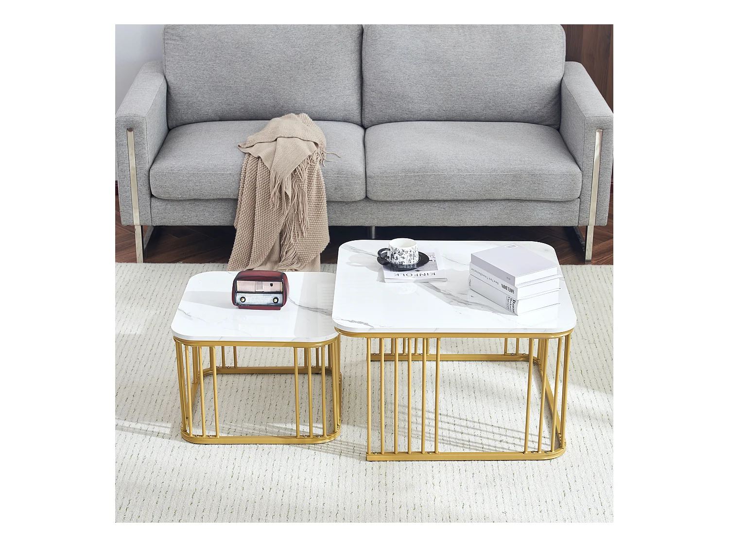 Lot de 2 tables basses carrées 70x70x45cm 50x50x36.5cm empilables marbre poli dorées Blanc pour salon