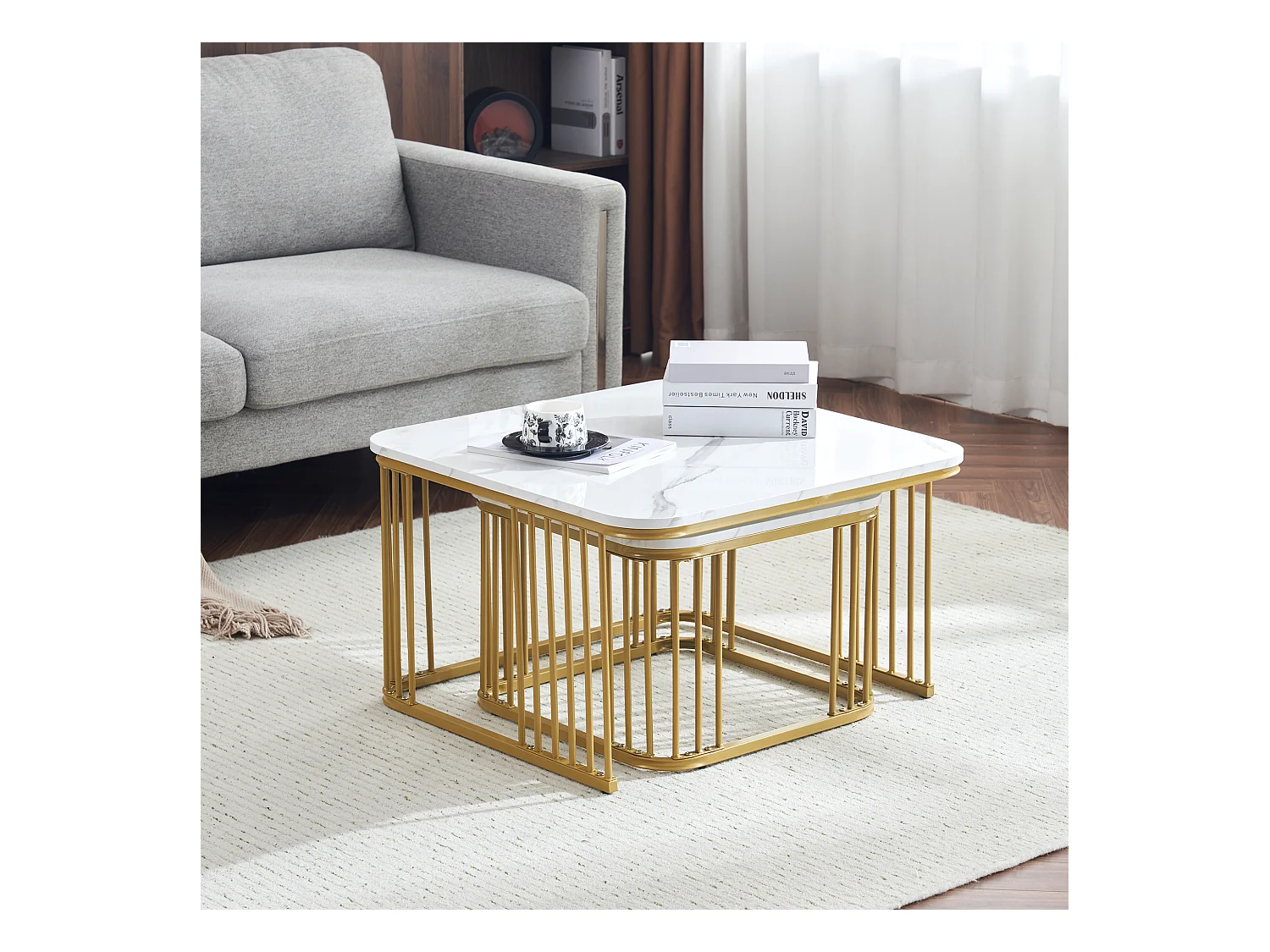 Lot de 2 tables basses carrées 70x70x45cm 50x50x36.5cm empilables marbre poli dorées Blanc pour salon