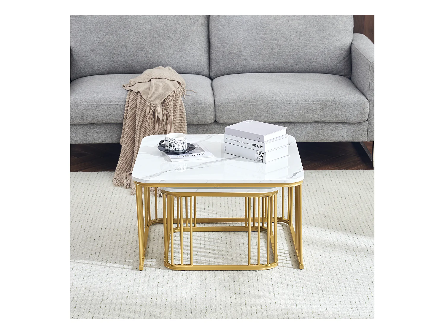 Lot de 2 tables basses carrées 70x70x45cm 50x50x36.5cm empilables marbre poli dorées Blanc pour salon