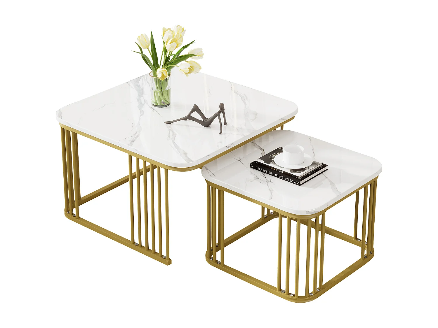 Lot de 2 tables basses carrées 70x70x45cm 50x50x36.5cm empilables marbre poli dorées Blanc pour salon