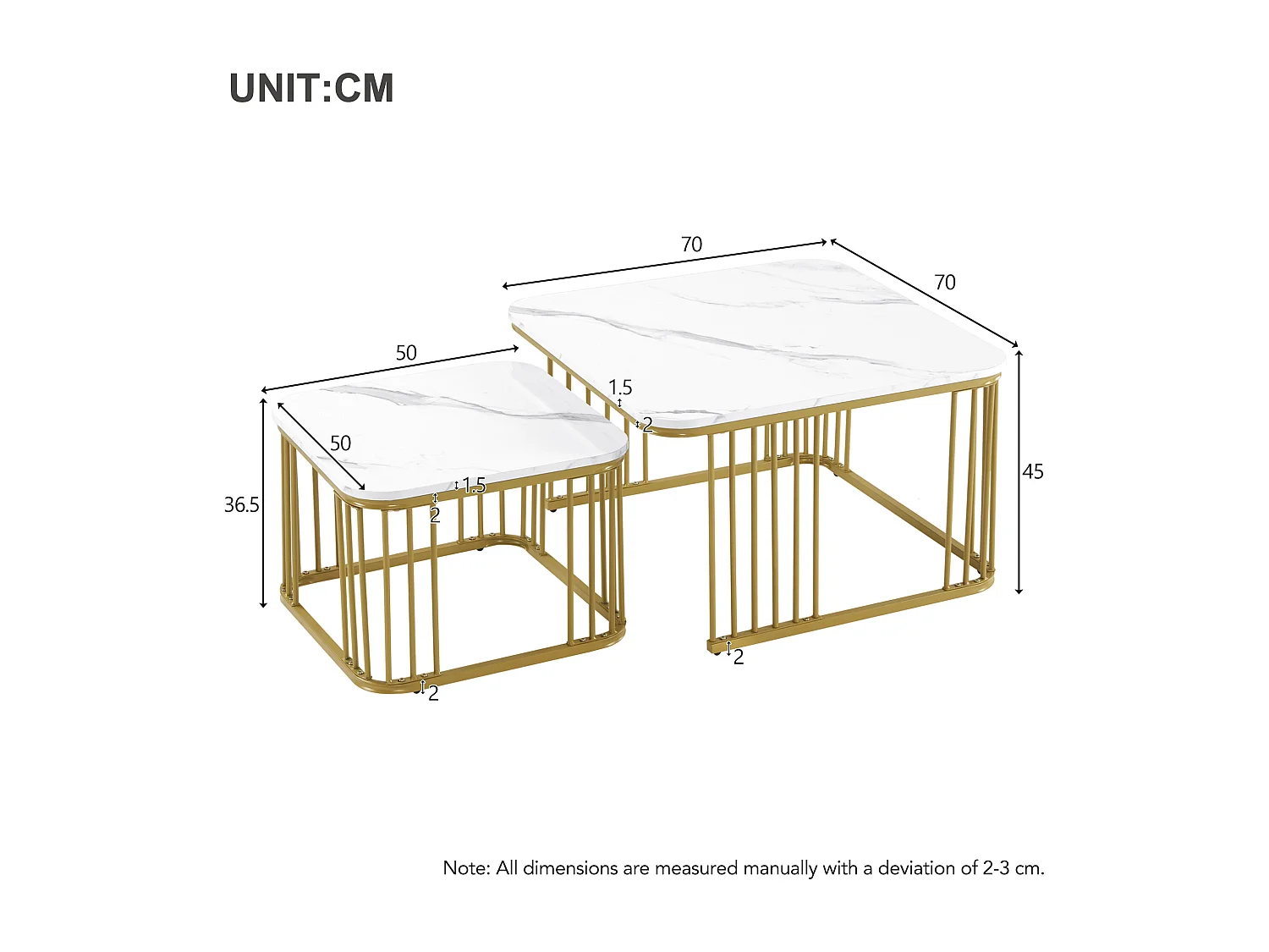 Lot de 2 tables basses carrées 70x70x45cm 50x50x36.5cm empilables marbre poli dorées Blanc pour salon