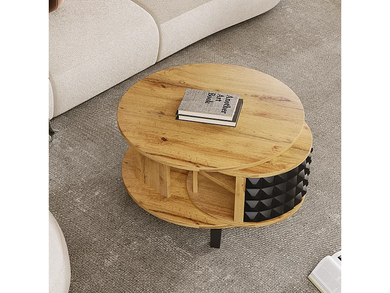 Salontafel 85,2x80x45,2 cm met 360 graden draaibaar vak, spaanplaat in natuurlijke kleur, voor woonkamer en studeerkamer