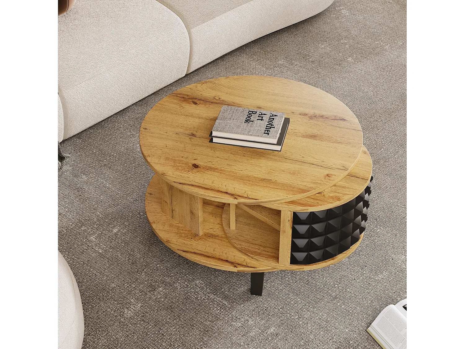 Salontafel 85,2x80x45,2 cm met 360 graden draaibaar vak, spaanplaat in natuurlijke kleur, voor woonkamer en studeerkamer