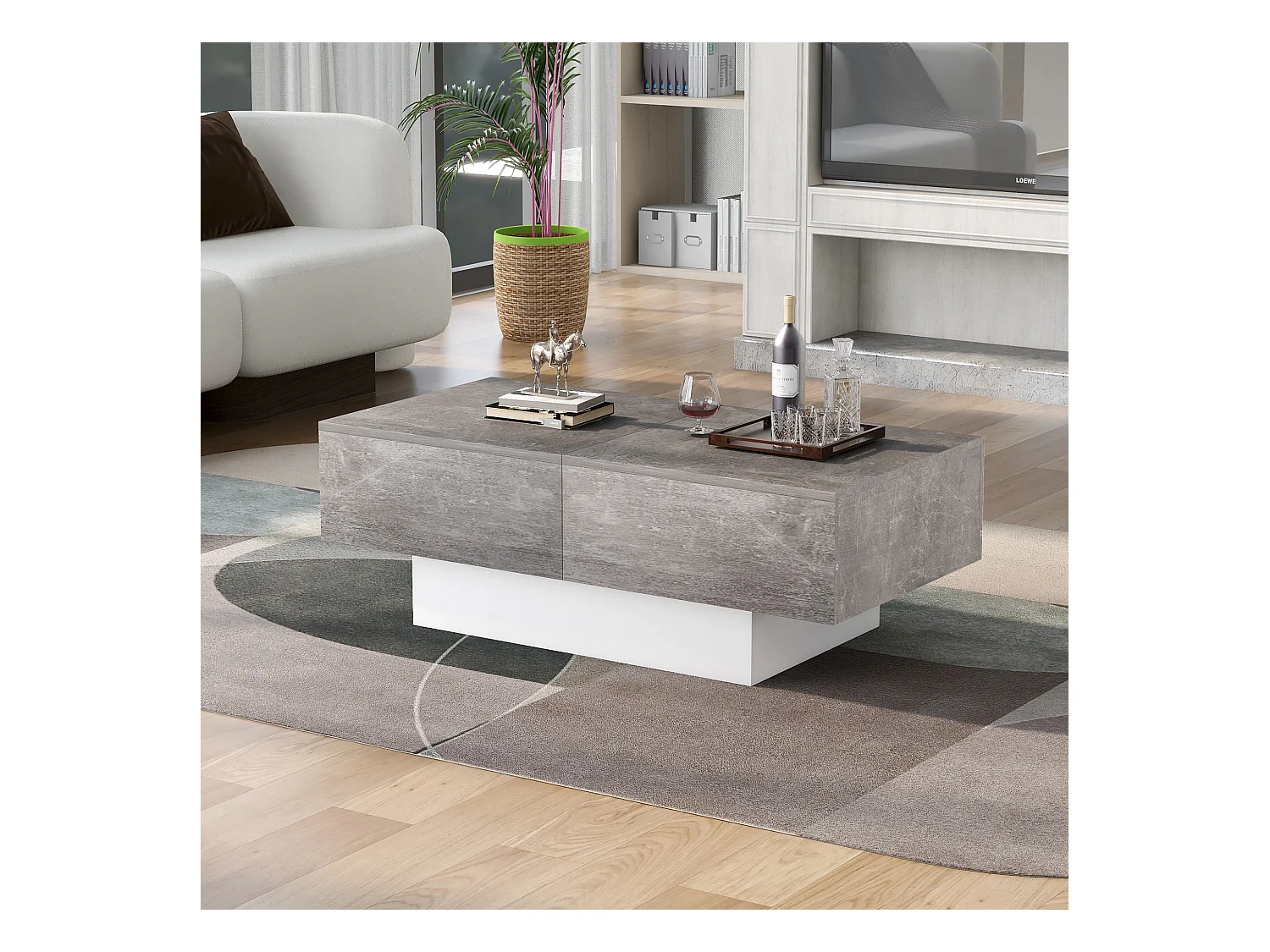 Uitschuifbare salontafel in glanzende lak met grijze opbergruimte voor de woonkamer