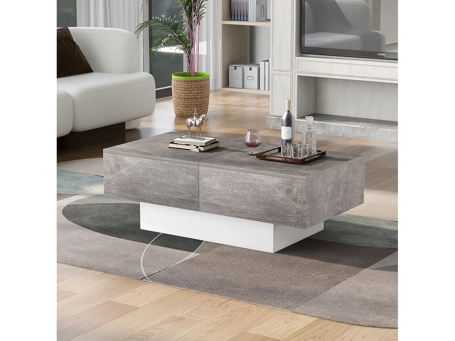 Uitschuifbare salontafel in glanzende lak met grijze opbergruimte voor de woonkamer