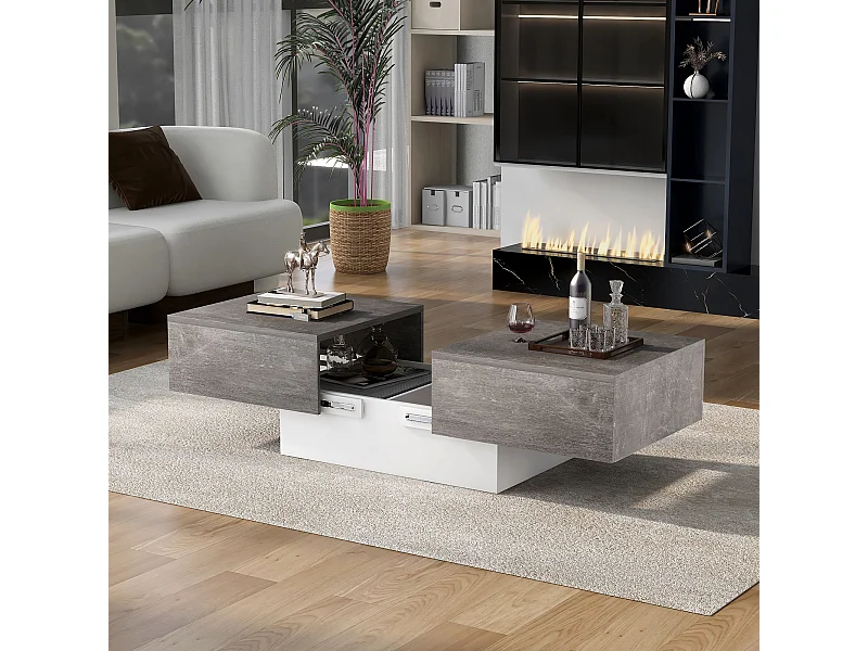 Uitschuifbare salontafel in glanzende lak met grijze opbergruimte voor de woonkamer