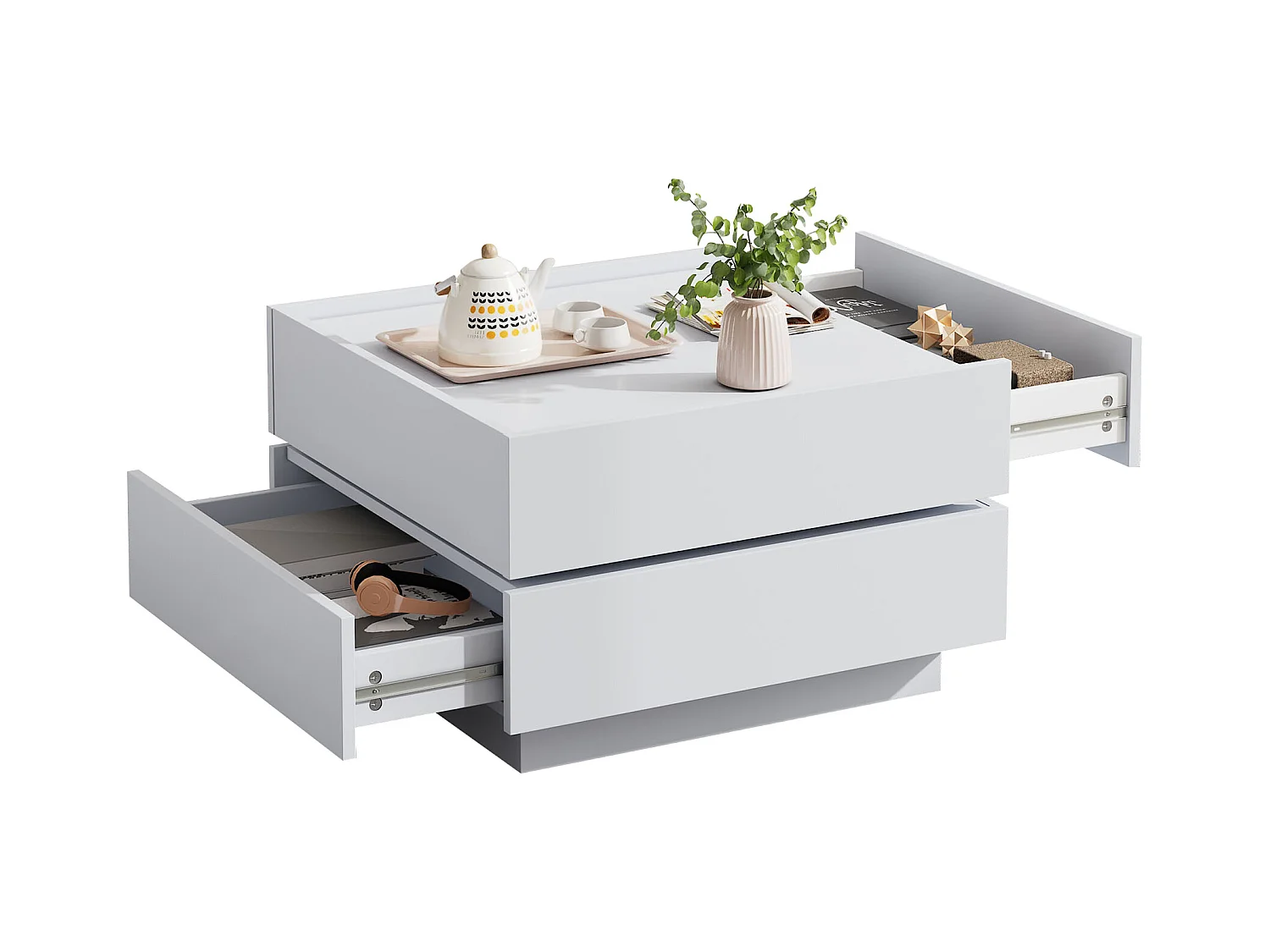 Table basse 60x60x38cm pivotante 2 étagères rangement blanc pour salon